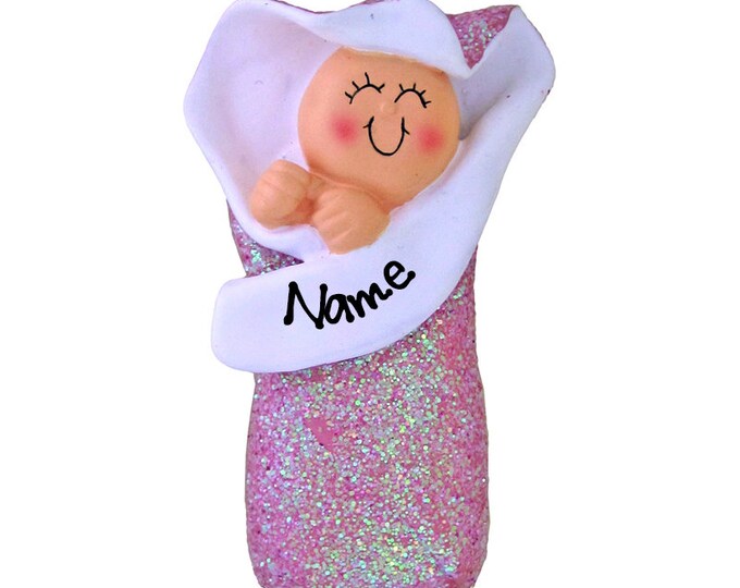 Baby Girl's First Christmas Ornament - Baby's 1st Christmas Ornament - Baby Girl in Pink Blanket - Personalized Baby Shower Gift for Mom