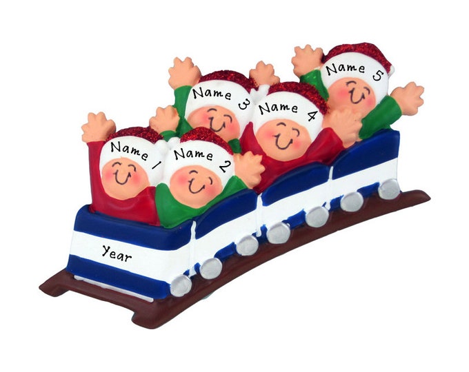 Roller Coaster Ornament - Amusement Park Ride - 5 Friends Riding Roller Coaster - Personalized Roller Coaster Family of 5 Christmas Ornament