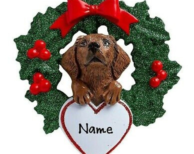 Chocolate Labrador Christmas Ornament / Personalized Dog Lover Ornament / Chocolate Lab Puppy in Christmas Wreath / Gift For New Pet Owners