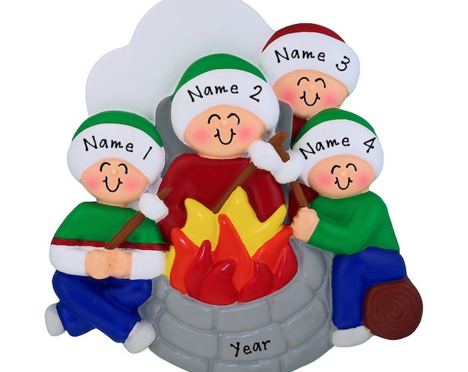 Fire Pit Ornament - Family of 4 Fire Pit Christmas Ornament - Custom Outdoor Fire Pit - Personalized Camping Family of 4 Christmas Ornament