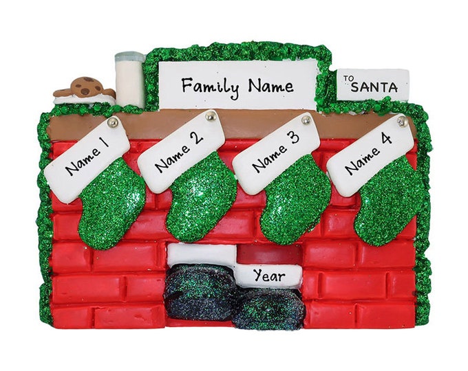 Personalized Fireplace Stockings - Family of 4 Christmas Ornament - Family Christmas Ornament - Family Custom Christmas Stockings on Mantle