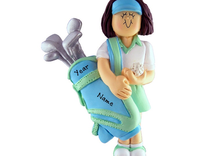 Personalized Golf Ornament - Golf Bag Ornament, Burnette Female Playing Golf, Custom Golf Ball Bag, Kids Golf, Girl Golf Bag, Golfer Gift