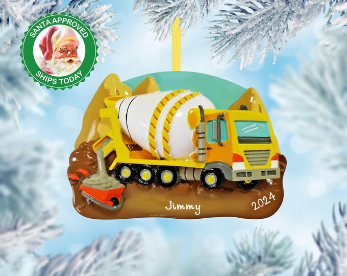 Personalized Ornaments for Kids - Cement Truck Ornament with Boys Name - Construction Worker Ornament For Toddler, Custom Gift For Grandkids