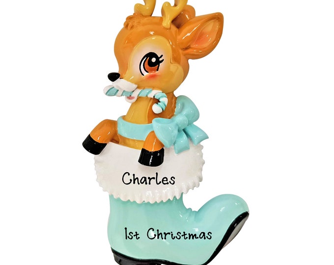 Personalized Baby Boy's 1st Christmas Ornament - Blue Baby Boy's First Ornament - Reindeer Christmas Ornament With Name - Custom Baby Gift