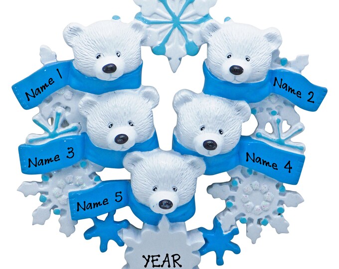 Polar Bear Ornament Family of 5 Christmas Ornament - Family Christmas Ornament 2023 - Personalized Snowflake Ornament, Gift For Grandparents