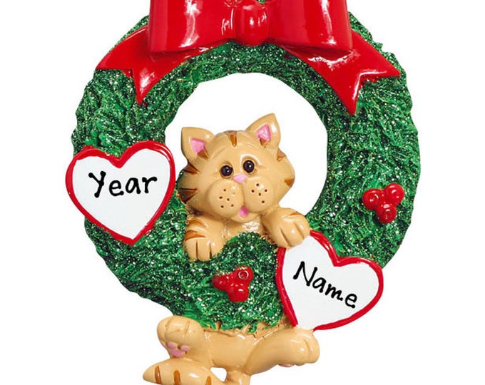 Orange Tabby Cat Ornament / Cute Orange Tabby Cat In Christmas Wreath / Cat Lovers Gift / Custom Cat Ornament / Holiday Ornament With Name
