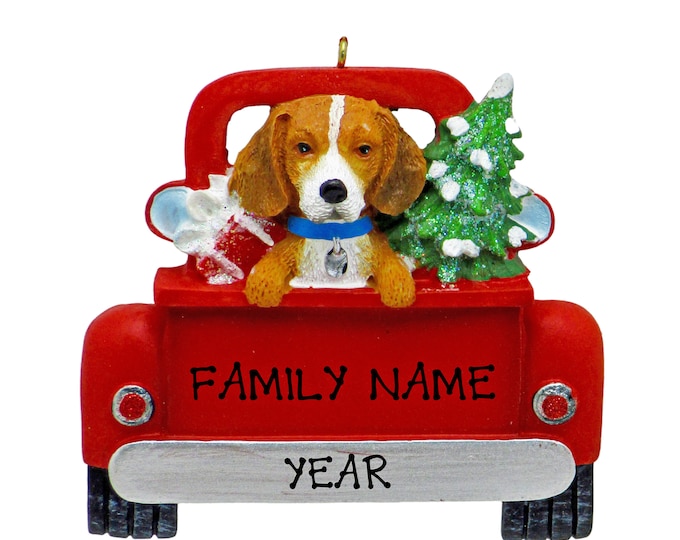 Beagle Dog Christmas Ornament - Puppy In Red Pickup Truck Ornament - Dog Lovers Gift - Personalized Dog Christmas Ornament