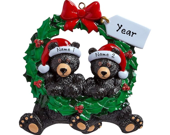 Personalized Couple Ornament - Black Bears in Wreath Couple, Couple Christmas Ornament, Black Bear Ornament, Custom Christmas Ornament