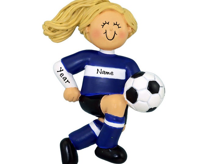 Personalized Soccer Girl Christmas Ornament - Blonde Girl Soccer Ornament - Soccer Player Blue Uniform - Custom Soccer Gifts For Girls
