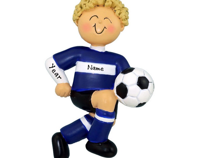 Personalized Soccer Boy Christmas Ornament - Blonde Boy Soccer Ornament -  Custom Soccer Player Blue Uniform- Soccer Gifts For Boys