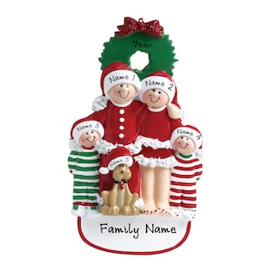 Pajama Family Ornament - Christmas Pajama Family of 4 With Dog Ornament - Personalized Family Christmas Ornament - Family Ornament With Dog