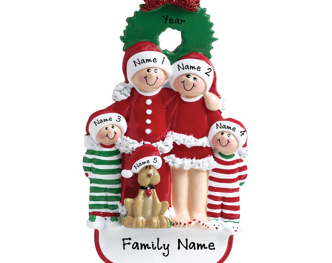 Pajama Family Ornament - Christmas Pajama Family of 4 With Dog Ornament - Personalized Family Christmas Ornament - Family Ornament With Dog