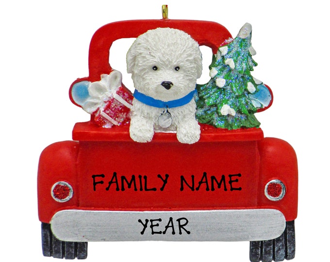 Bichon Frise Dog Christmas Ornament - Puppy In Red Pickup Truck Ornament - Dog Lovers Gift - Personalized Dog Christmas Ornament