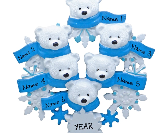 Polar Bear Ornament Family of 6 Christmas Ornament - Family Christmas Ornament 2023 - Personalized Snowflake Ornament, Gift For Grandparents