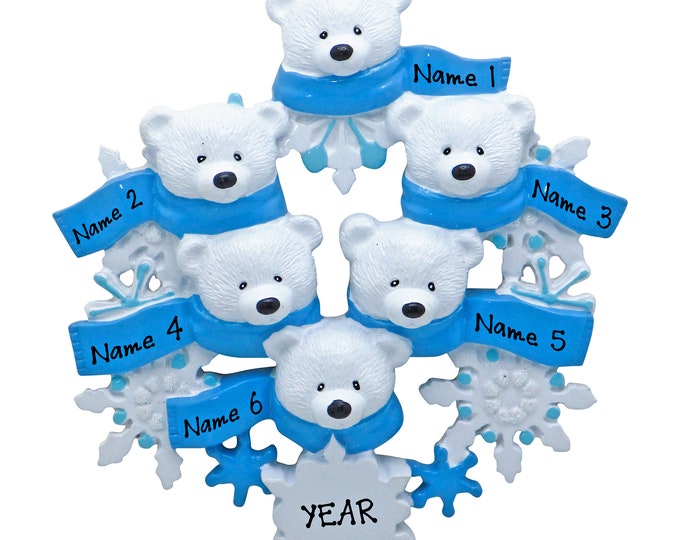 Polar Bear Ornament Family of 6 Christmas Ornament - Family Christmas Ornament 2025 - Personalized Snowflake Ornament, Gift For Grandparents