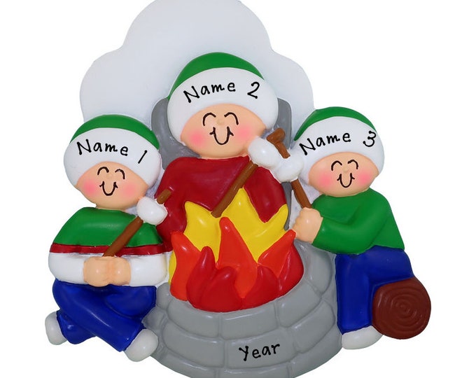 Fire Pit Ornament - Family of 3 Fire Pit Christmas Ornament - Custom Outdoor Fire Pit - Personalized Camping Family of 3 Christmas Ornament