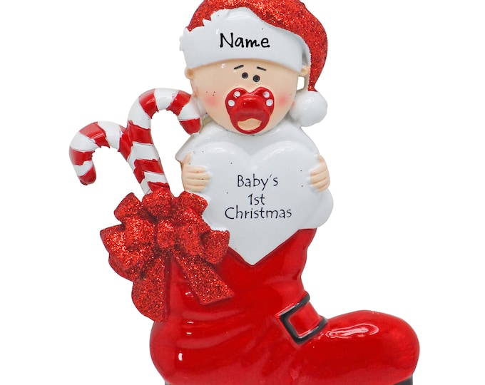 2025 Baby's First Christmas Ornament - Baby in Blue Boot - Unisex Baby Ornament Baby's 1st Christmas Ornament Personalized Keepsake Gift
