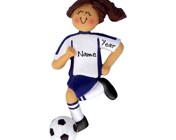 Personalized Soccer Player Girl Christmas Ornament - Brunette Girl Soccer Ornament - Soccer Player in Blue Uniform - Custom Soccer Ornament