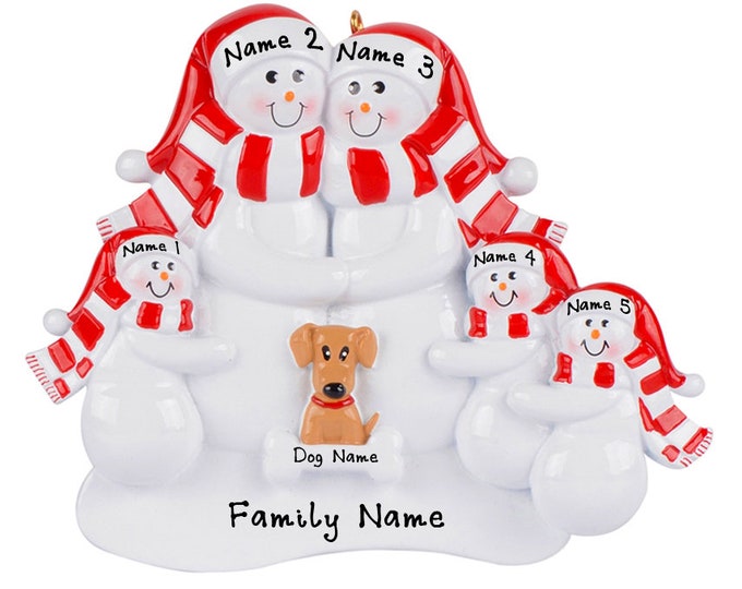 Personalized Family with Dog Ornament - Snowman Family 5 With Dog First Christmas Ornament, Tan Dog Ornament With Pets Name, New Dog Parents