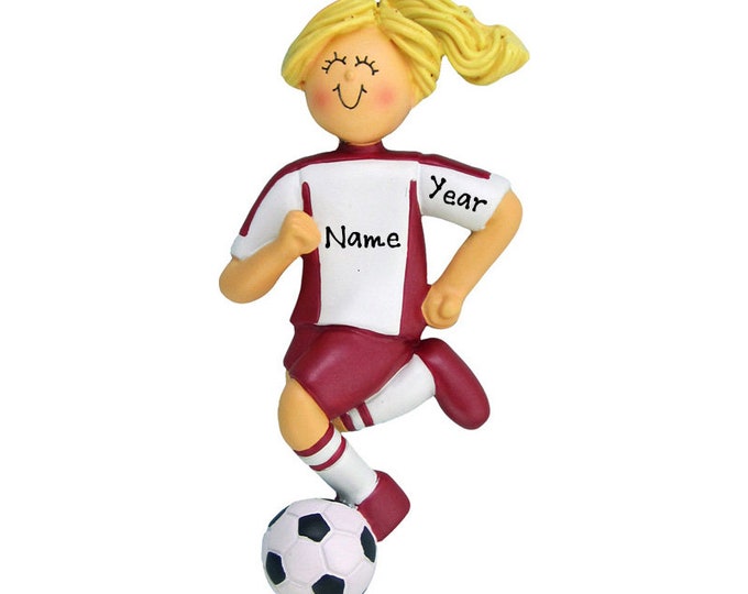 Personalized Soccer Player Girl Christmas Ornament - Soccer Girl Blonde Ornament - Soccer Player Red Uniform - Custom Soccer Ball Ornament