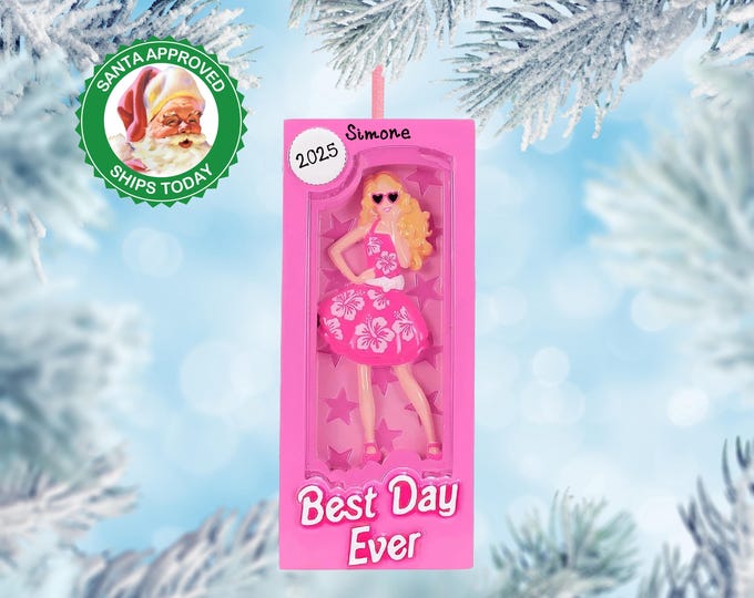 Girls Pink Doll Personalized Ornament - Retro Christmas Gift For Little Girls - Best Day Ever Custom Name Gift For Kids Christmas Tree Decor