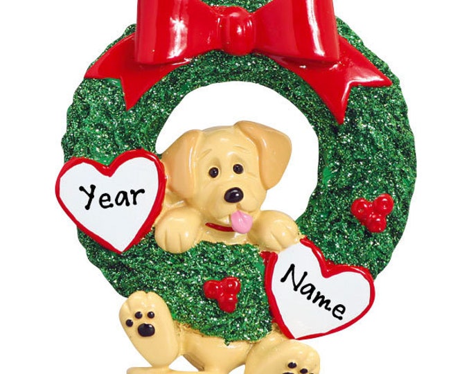 Yellow Labrador Retriever Personalized Christmas Ornament - Cute Yellow Lab Pup In Christmas Wreath - Custom Dog Ornament - Pet Lover Gift
