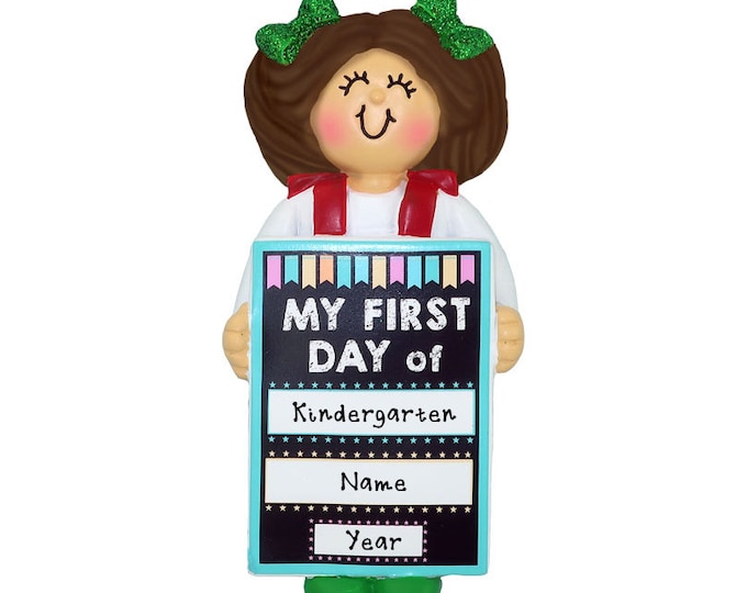Personalized 1st Day of School Ornament - Kindergarten Ornament - Brunette School Girl Ornament - Back To School Gift - Preschool Ornament