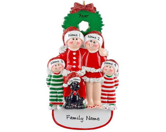 Pajama Family Ornament - Christmas Pajama Family of 4 Ornament With Dog - Personalized Family Christmas Ornament - Family Ornament With Pet
