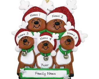 May include: A personalized Christmas ornament featuring five reindeer with red and green hats, green scarves, and white fur. The reindeer are standing in a row with a banner at the bottom that says "Family Name" and "Year".