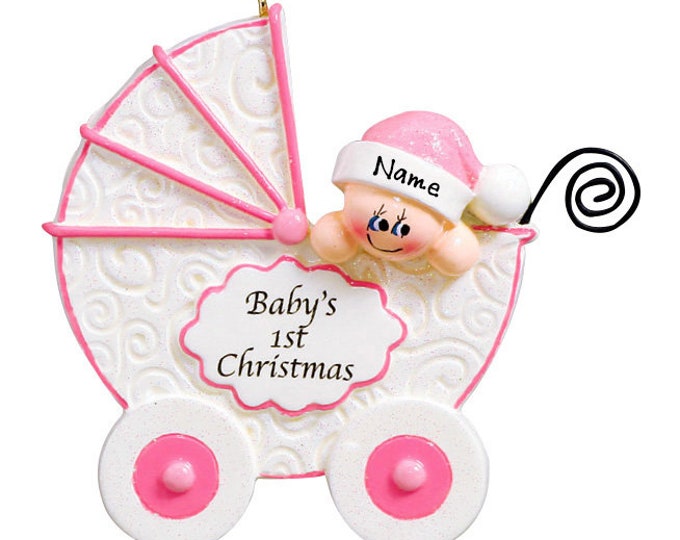 2023 Baby's First Christmas Ornament - Baby Girl in Pink Stroller - Baby's 1st Christmas Ornament - Personalized Baby Shower Gift With Name