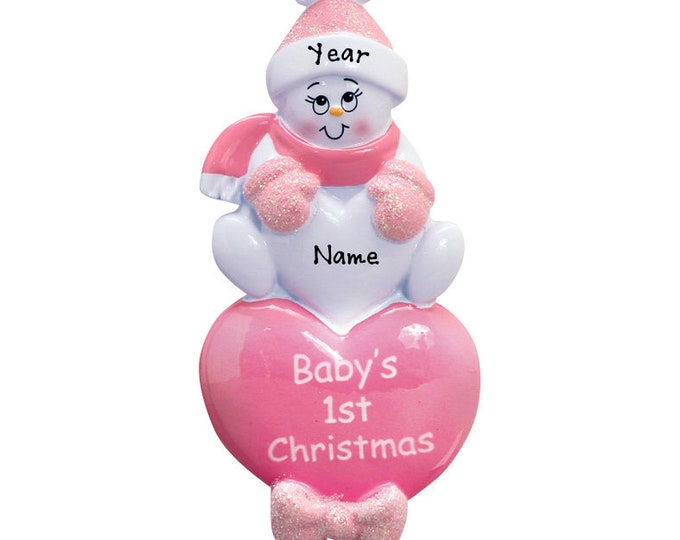 Baby First Christmas - Baby Girl On Pink Heart Ornament - New Baby Girl Christmas Ornament - Personalized Christmas Ornament With Name