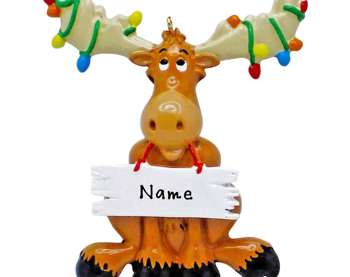 Christmas Moose Ornament - Moose Tangled in Christmas Lights, Custom Reindeer Ornament For Deer Hunter, Personalized Decor With Name For Dad