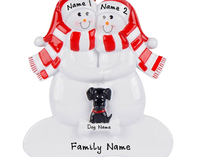 Personalized Couple with Dog Ornament - Snow Family 2 With Black Dog First Christmas Ornament, Dog Ornament With Pets Name, New Dog Parents