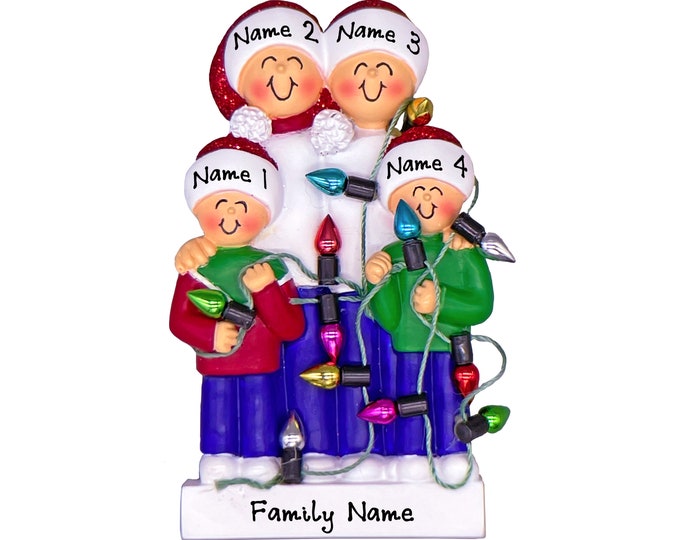 Family Tangled in Lights Ornament - Family of 4 Christmas Ornament, Family Hanging Xmas Lights, Family Christmas Ornament, Family Traditions