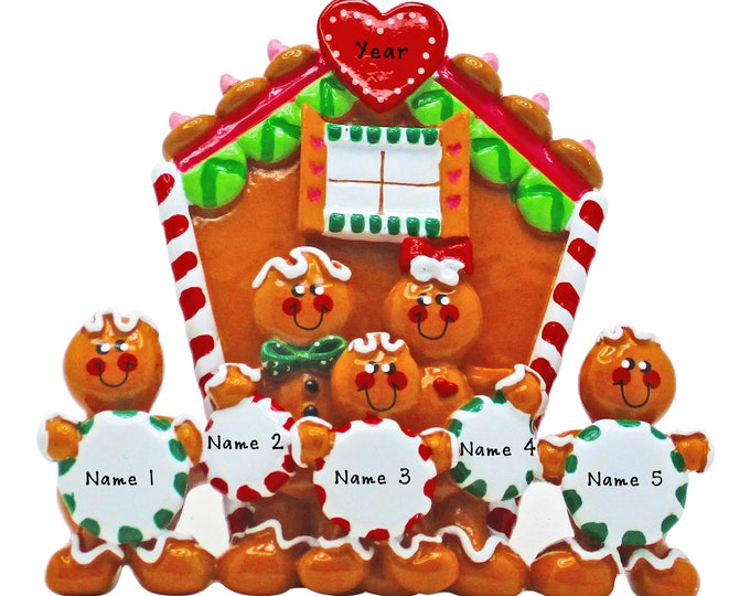 Gingerbread Family Christmas Ornament - Family of 5 Personalized Christmas Ornament - Table Top Decoration - Custom Gift For Grandparents
