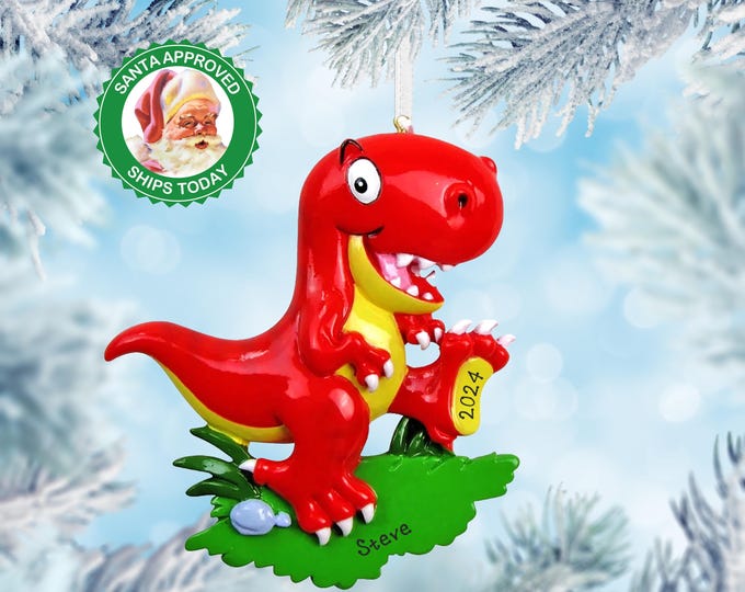 Personalized Dinosaur Christmas Ornament For Kids  - Custom Boys Christmas Ornament – T-Rex Dino Ornament For Grandkids With Toddlers Name