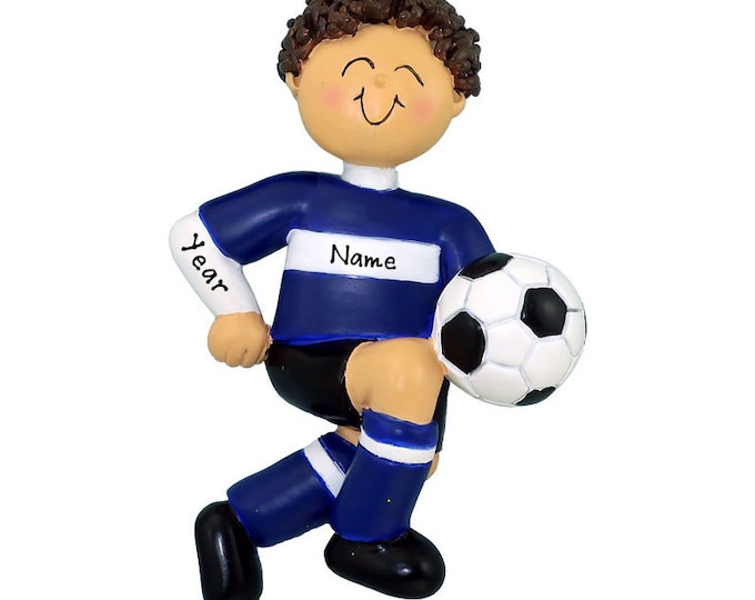 Personalized Soccer Boy Christmas Ornament - Brunette Boy Soccer Ornament - Soccer Player Blue Uniform- Custom Soccer Gifts For Boys