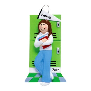 High School Ornament - Brunette Girl At Student Locker Teen Starting MIddle School Custom Gym Locker Gift Teenage Girl Personalized Ornament