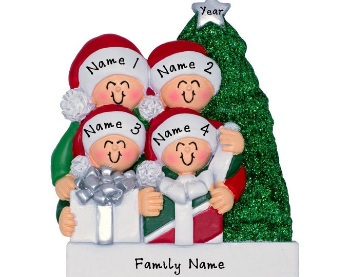Family of 4 Opening Presents - Personalized Family Christmas Ornament - Grandkids Custom Gift For Grandparents - Family of 4 Opening Gifts