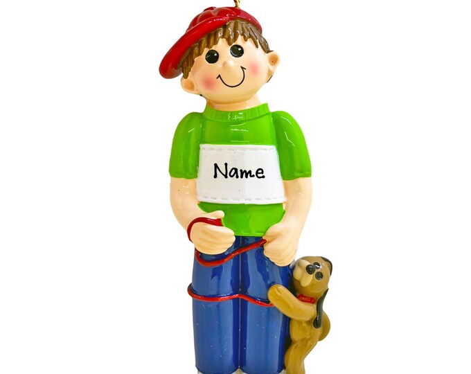 Custom Boy and Dog Ornament - New Puppy Gift - Dog Walker Gift - Dog Dad First Christmas Ornament With Name, Personalized Gift For Dog Lover