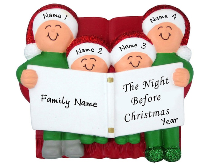 Night Before Christmas Ornament - Family of 4 Ornament - Family Christmas Ornament - Reading Bedtime Stories - Personalized Book Ornament