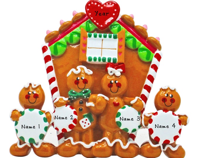 Gingerbread Family Christmas Ornament - Family of 4 Personalized Christmas Ornament - Table Top Decoration - Custom Gift For Grandparents