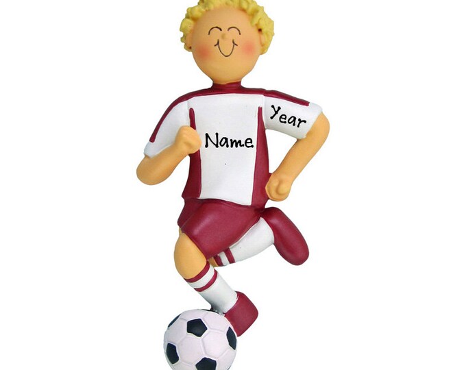 Personalized Soccer Christmas Ornament - Soccer Brunette Boy Ornament - Soccer Player Red Uniform - Custom Soccer Ball Ornament
