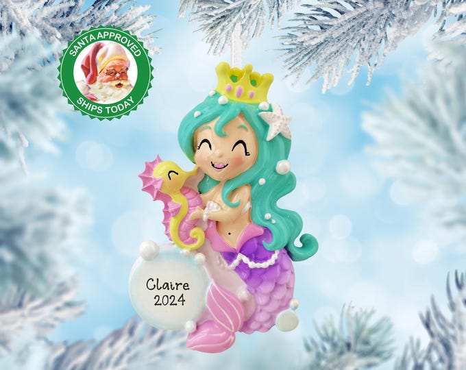 Mermaid Christmas Ornament For Girls - Custom Christmas Ornament For Kids - Princess Ornament Keepsake - Personalized Name Gift For Toddler