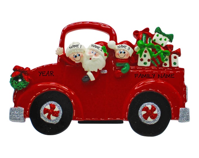 Red Pickup Truck Ornament - Family of 3 Personalized Ornament - Family Christmas Ornament - Tabletop Decoration - Gift For Grandparents