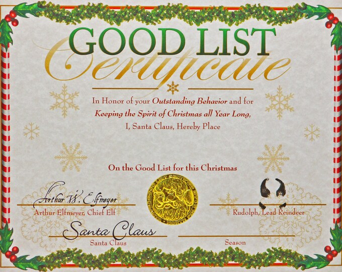 Personalized Good List Certificate - Santa Certificate - Santa's Signature - Santa Was Here - Santa Good List - Naughty or Nice Certificate