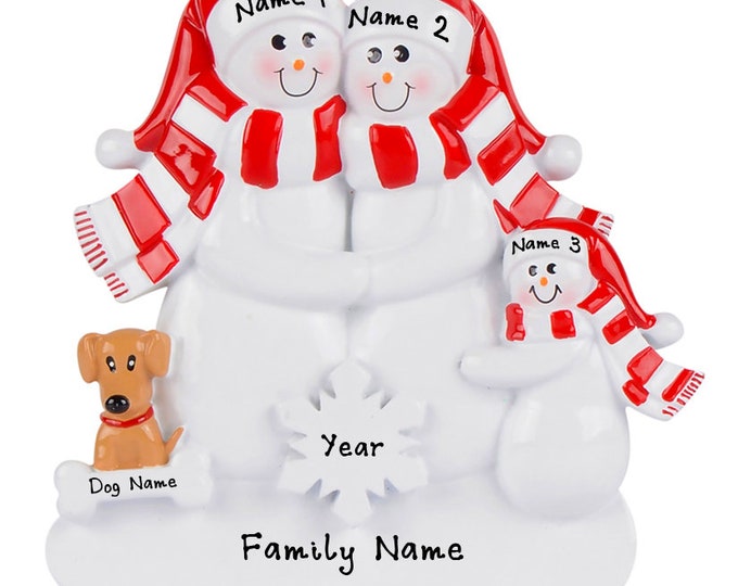 Personalized Family With Dog Ornament, Snowman Family of 3 and Dog First Christmas Ornament, Tan Dog Ornament With Name, New Dog Parents