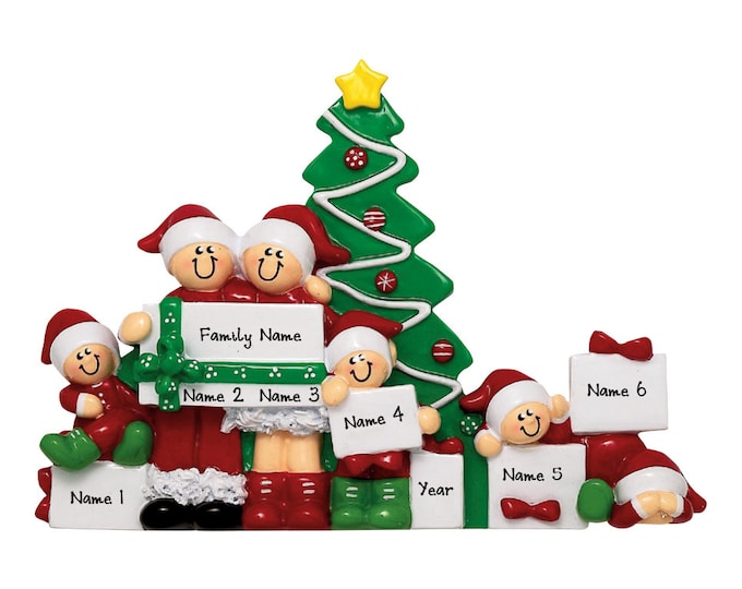 Family of 6 Opening Presents - Personalized Family Christmas Ornament - Tabletop Decor - 4 Grandkids - Personalized Gift For Grandparents
