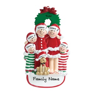 Pajama Family Ornament - Christmas Pajama Family of 5 With Dog Ornament - Personalized Family Christmas Ornament - Family Ornament With Dog