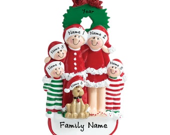 Pajama Family Ornament - Christmas Pajama Family of 5 With Dog Ornament - Personalized Family Christmas Ornament - Family Ornament With Dog